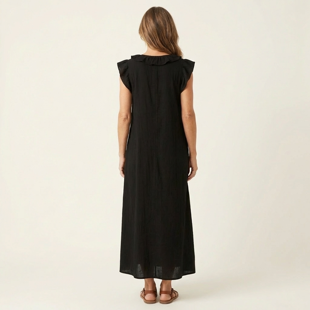 Women's Ruffle V-Neck Linen Maxi Dress Flutter Sleeve Loose Fit Summer Casual Vacation Dress - Seldom Seen Styles