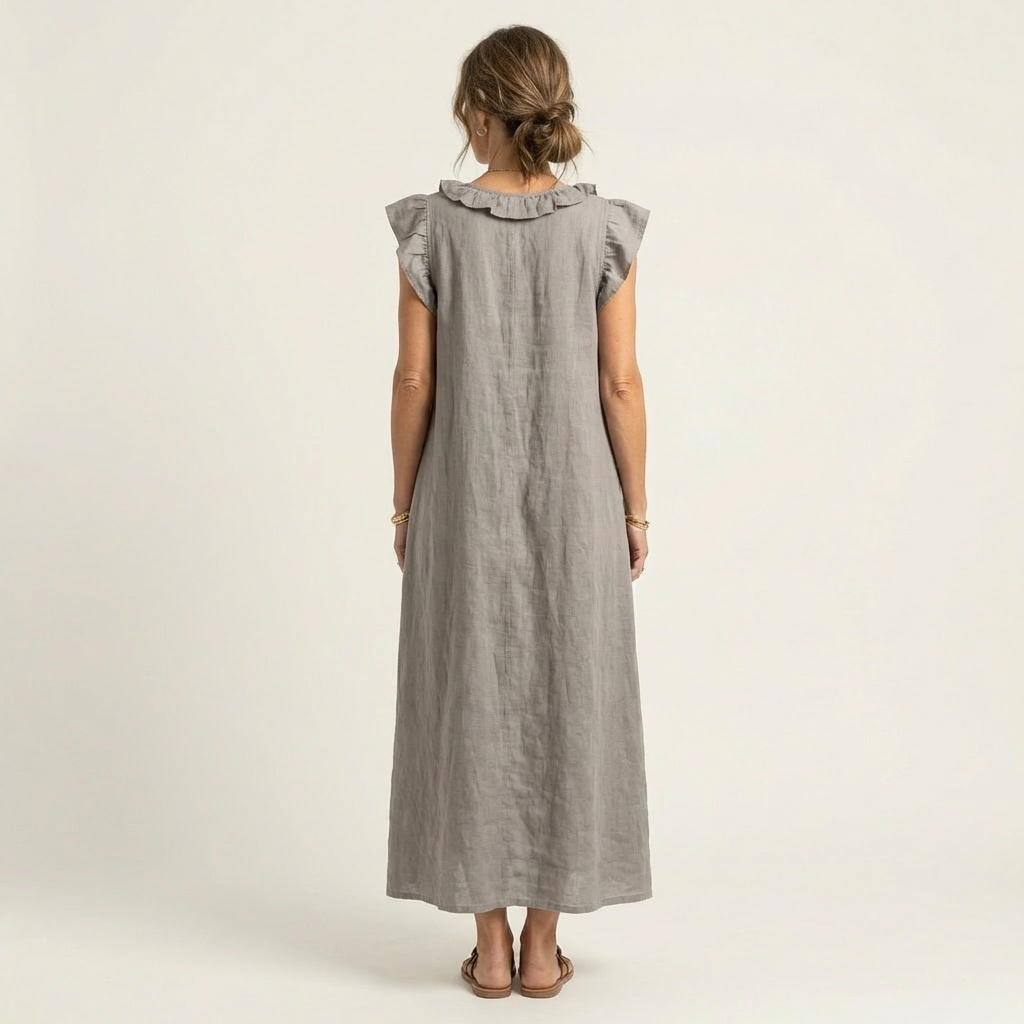 Women's Ruffle V-Neck Linen Maxi Dress Flutter Sleeve Loose Fit Summer Casual Vacation Dress - Seldom Seen Styles