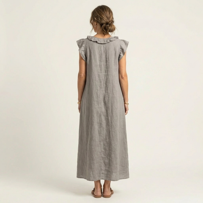 Women's Ruffle V-Neck Linen Maxi Dress Flutter Sleeve Loose Fit Summer Casual Vacation Dress