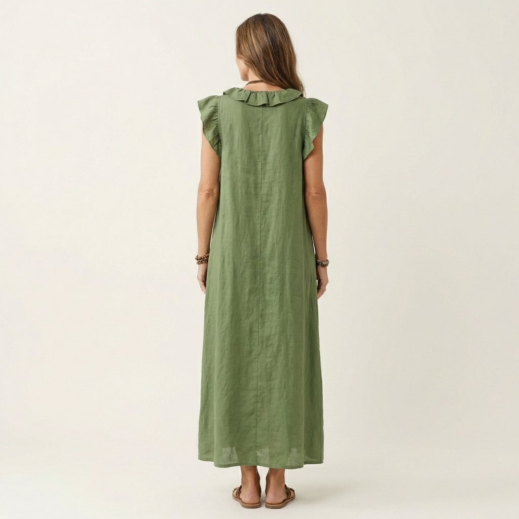 Women's Ruffle V-Neck Linen Maxi Dress Flutter Sleeve Loose Fit Summer Casual Vacation Dress - Seldom Seen Styles