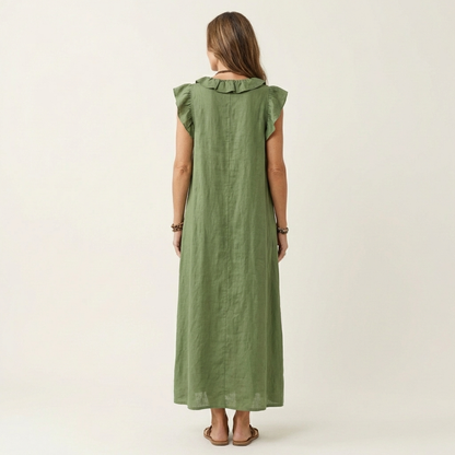 Women's Ruffle V-Neck Linen Maxi Dress Flutter Sleeve Loose Fit Summer Casual Vacation Dress