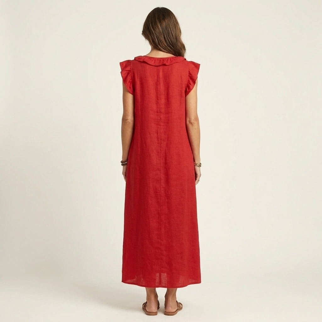 Women's Ruffle V-Neck Linen Maxi Dress Flutter Sleeve Loose Fit Summer Casual Vacation Dress - Seldom Seen Styles