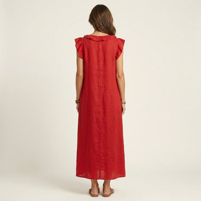Women's Ruffle V-Neck Linen Maxi Dress Flutter Sleeve Loose Fit Summer Casual Vacation Dress
