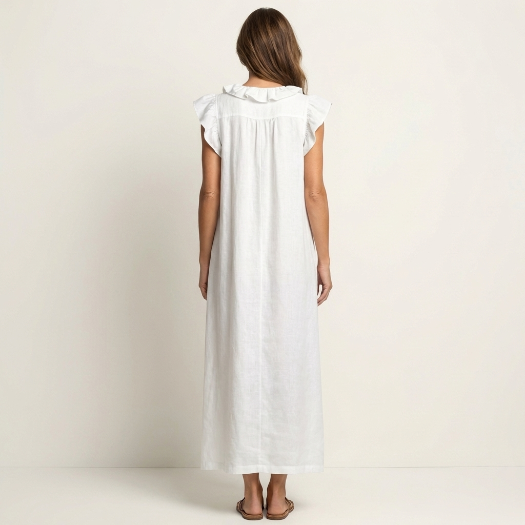 Women's Ruffle V-Neck Linen Maxi Dress Flutter Sleeve Loose Fit Summer Casual Vacation Dress - Seldom Seen Styles