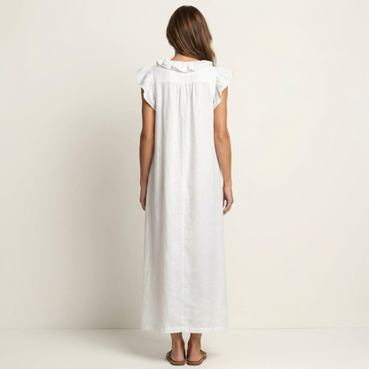 Women's Ruffle V-Neck Linen Maxi Dress Flutter Sleeve Loose Fit Summer Casual Vacation Dress