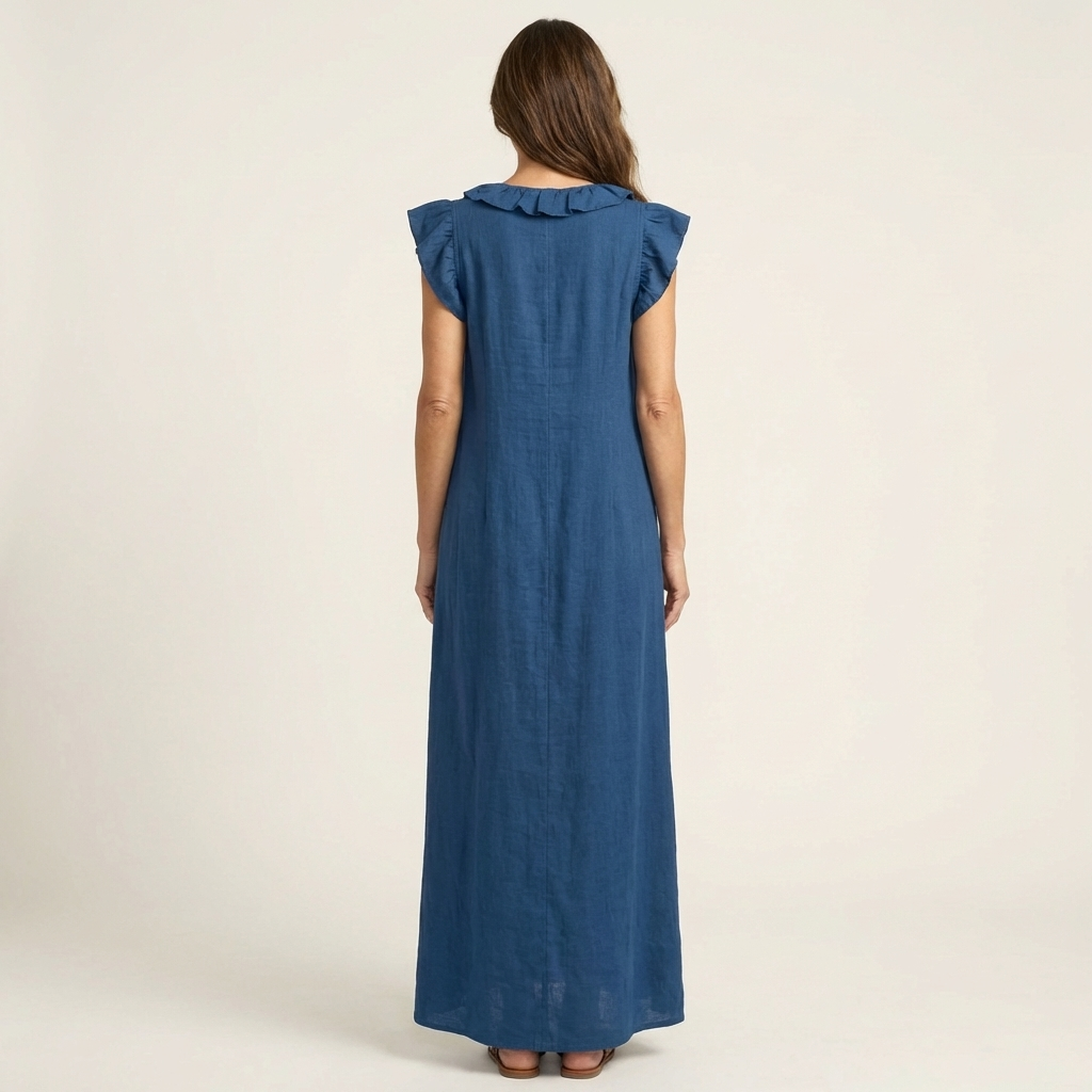 Women's Ruffle V-Neck Linen Maxi Dress Flutter Sleeve Loose Fit Summer Casual Vacation Dress - Seldom Seen Styles
