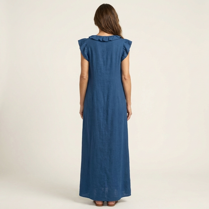 Women's Ruffle V-Neck Linen Maxi Dress Flutter Sleeve Loose Fit Summer Casual Vacation Dress