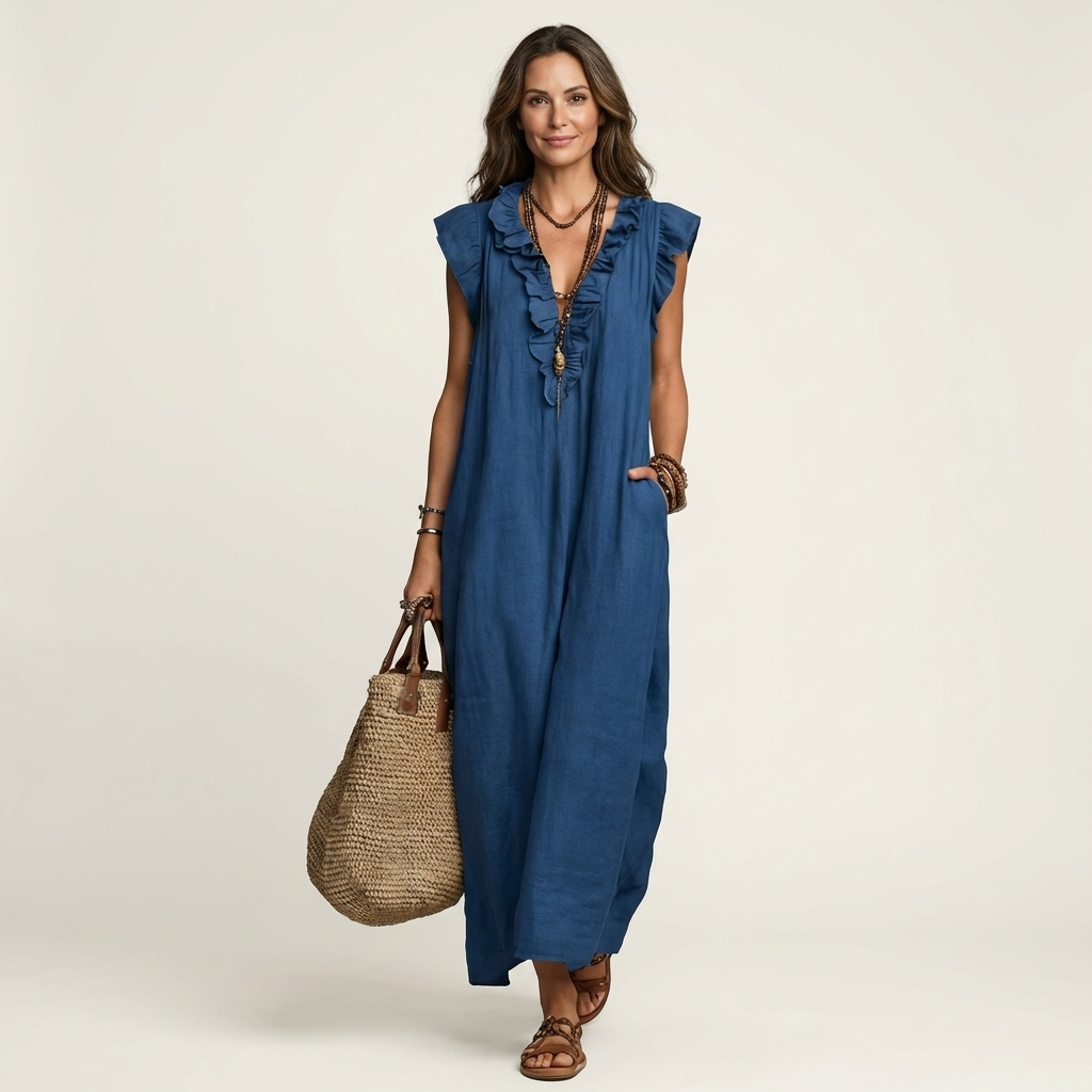 Women's Ruffle V-Neck Linen Maxi Dress Flutter Sleeve Loose Fit Summer Casual Vacation Dress - Seldom Seen Styles