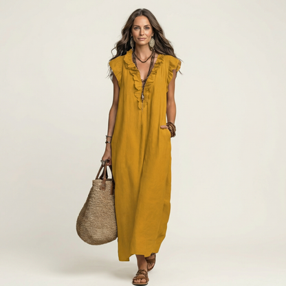 Women's Ruffle V-Neck Linen Maxi Dress Flutter Sleeve Loose Fit Summer Casual Vacation Dress