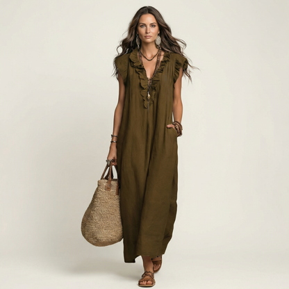 Women's Ruffle V-Neck Linen Maxi Dress Flutter Sleeve Loose Fit Summer Casual Vacation Dress