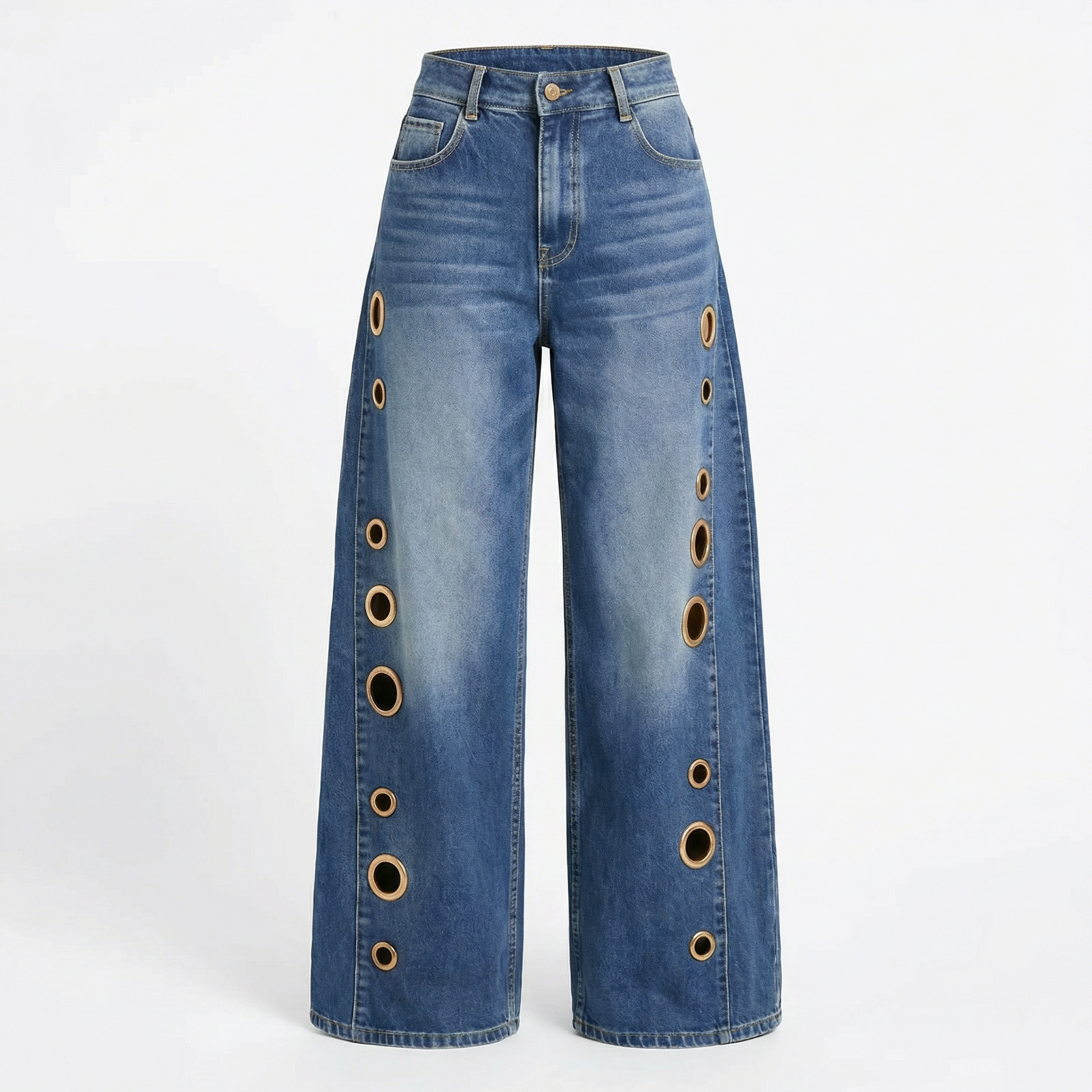 Women's High Waisted Wide Leg Jeans Rivet Detail Straight Leg Denim Pants - Seldom Seen Styles