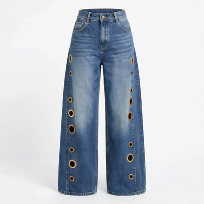Women's High Waisted Wide Leg Jeans Rivet Detail Straight Leg Denim Pants