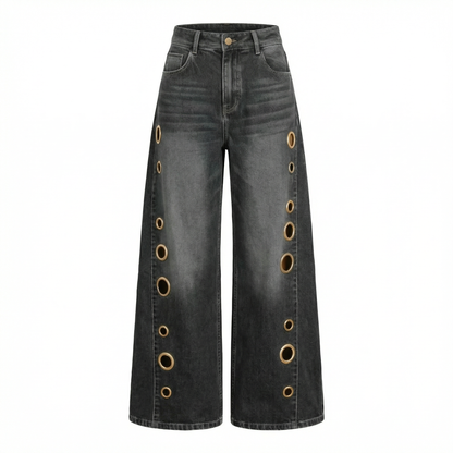 Women's High Waisted Wide Leg Jeans Rivet Detail Straight Leg Denim Pants