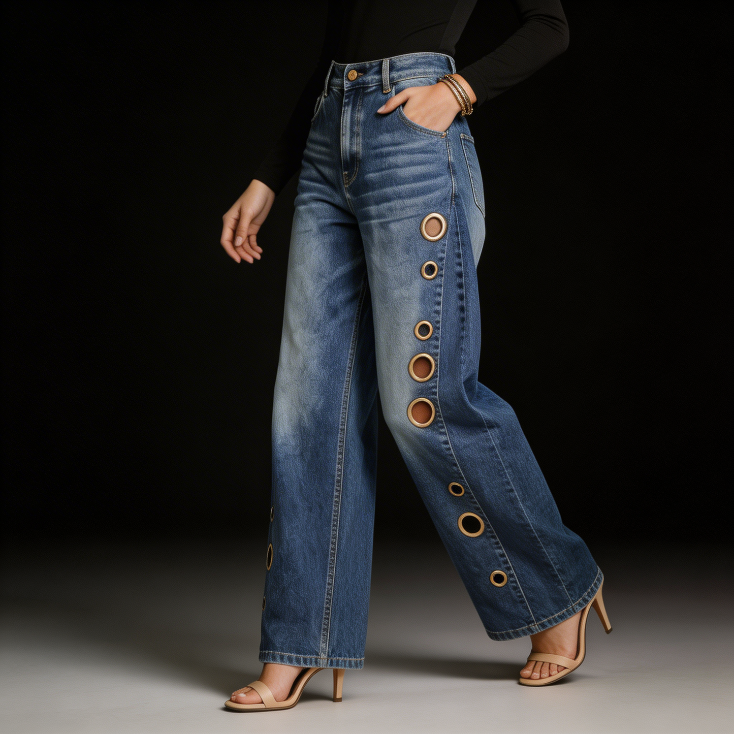 Women's High Waisted Wide Leg Jeans Rivet Detail Straight Leg Denim Pants - Seldom Seen Styles