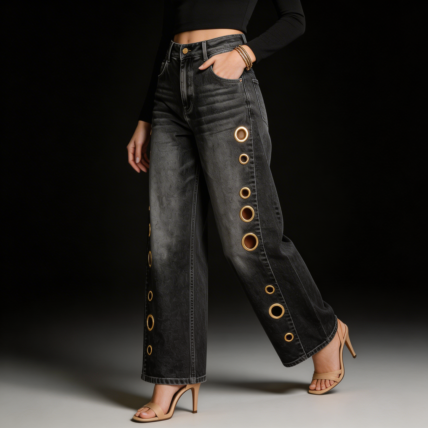 Women's High Waisted Wide Leg Jeans Rivet Detail Straight Leg Denim Pants - Seldom Seen Styles