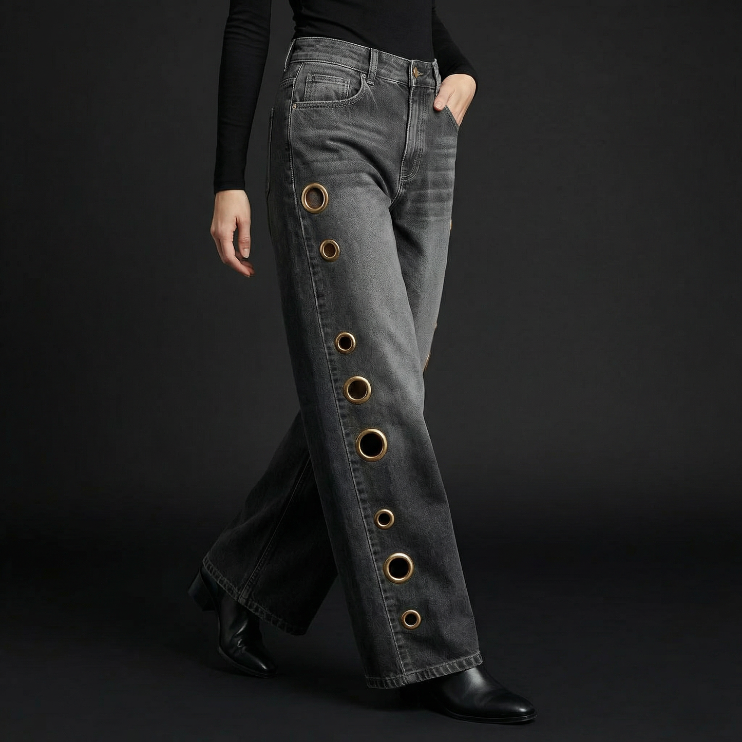 Women's High Waisted Wide Leg Jeans Rivet Detail Straight Leg Denim Pants - Seldom Seen Styles