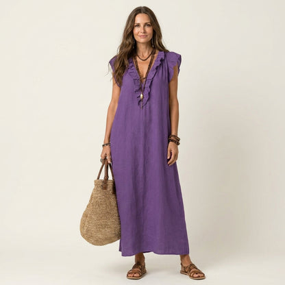 Women's Ruffle V-Neck Linen Maxi Dress Flutter Sleeve Loose Fit Summer Casual Vacation Dress