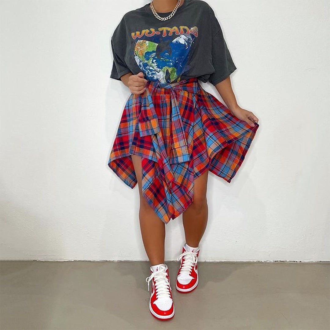 Women's Fashion Style Plaid Print Asymmetrical Hem High Waist Skirt, Casual Comfort Elastic Waist Tiered Layer Knee Length Skirt for Summer Going Out Streetwear, Fashionable Trendy Plaid Skirt, Womenswear Everyday Bottom - Seldom Seen Styles