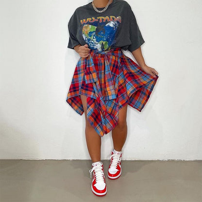 Jupe trapèze asymétrique à carreaux taille haute pour femme, jupe décontractée confortable à taille élastique à plusieurs niveaux et longueur au genou pour les sorties estivales, jupe écossaise tendance et moderne, bas féminin de tous les jours