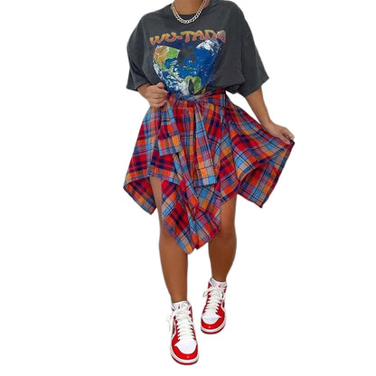 Jupe trapèze asymétrique à carreaux taille haute pour femme, jupe décontractée confortable à taille élastique à plusieurs niveaux et longueur au genou pour les sorties estivales, jupe écossaise tendance et moderne, bas féminin de tous les jours