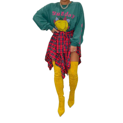 Jupe trapèze asymétrique à carreaux taille haute pour femme, jupe décontractée confortable à taille élastique à plusieurs niveaux et longueur au genou pour les sorties estivales, jupe écossaise tendance et moderne, bas féminin de tous les jours