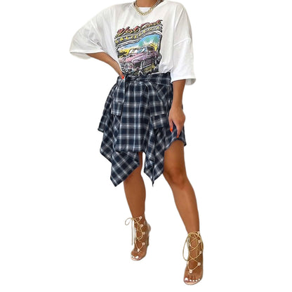 Jupe trapèze asymétrique à carreaux taille haute pour femme, jupe décontractée confortable à taille élastique à plusieurs niveaux et longueur au genou pour les sorties estivales, jupe écossaise tendance et moderne, bas féminin de tous les jours