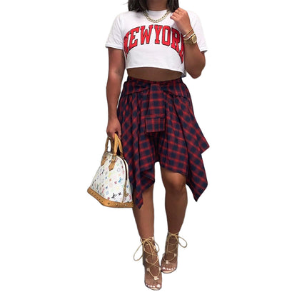 Jupe trapèze asymétrique à carreaux taille haute pour femme, jupe décontractée confortable à taille élastique à plusieurs niveaux et longueur au genou pour les sorties estivales, jupe écossaise tendance et moderne, bas féminin de tous les jours
