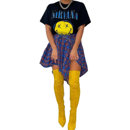 Jupe trapèze asymétrique à carreaux taille haute pour femme, jupe décontractée confortable à taille élastique à plusieurs niveaux et longueur au genou pour les sorties estivales, jupe écossaise tendance et moderne, bas féminin de tous les jours