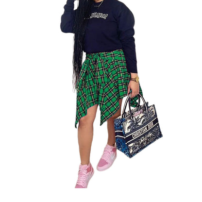 Jupe trapèze asymétrique à carreaux taille haute pour femme, jupe décontractée confortable à taille élastique à plusieurs niveaux et longueur au genou pour les sorties estivales, jupe écossaise tendance et moderne, bas féminin de tous les jours