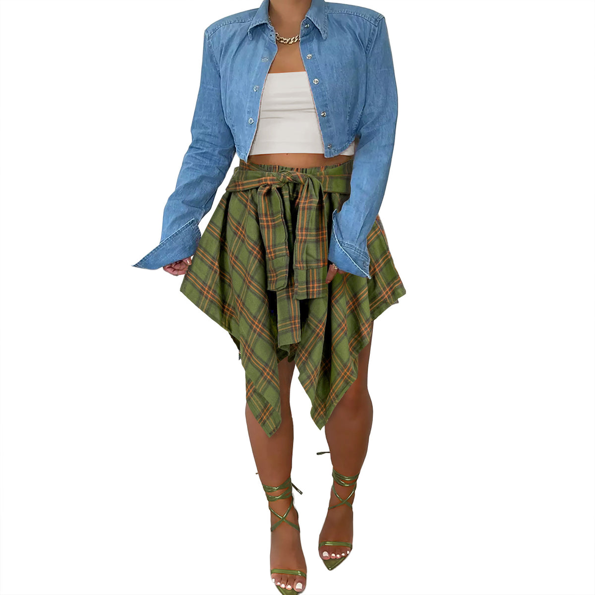 Women's Fashion Style Plaid Print Asymmetrical Hem High Waist Skirt, Casual Comfort Elastic Waist Tiered Layer Knee Length Skirt for Summer Going Out Streetwear, Fashionable Trendy Plaid Skirt, Womenswear Everyday Bottom - Seldom Seen Styles
