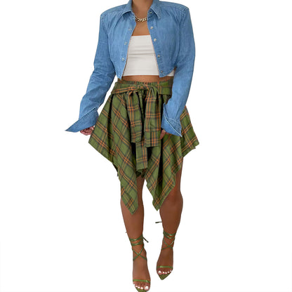 Jupe trapèze asymétrique à carreaux taille haute pour femme, jupe décontractée confortable à taille élastique à plusieurs niveaux et longueur au genou pour les sorties estivales, jupe écossaise tendance et moderne, bas féminin de tous les jours