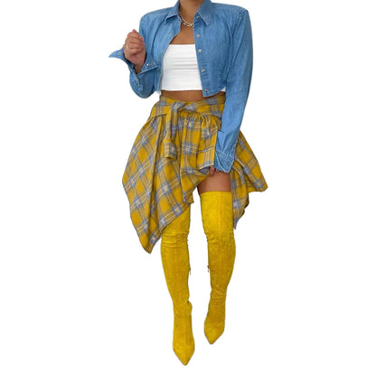 Jupe trapèze asymétrique à carreaux taille haute pour femme, jupe décontractée confortable à taille élastique à plusieurs niveaux et longueur au genou pour les sorties estivales, jupe écossaise tendance et moderne, bas féminin de tous les jours
