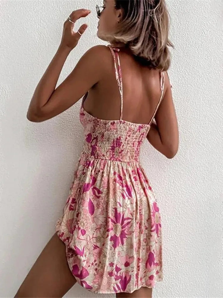 Women's Floral Print Backless Mini Dress Boho Ruched Slip Summer Beach Dress - Seldom Seen Styles