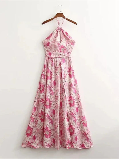 Blumen-Boho-Kleid mit rosa Blumendruck, Bohemian-Strandstil und Rüschen am Rücken, rückenfreies Minikleid