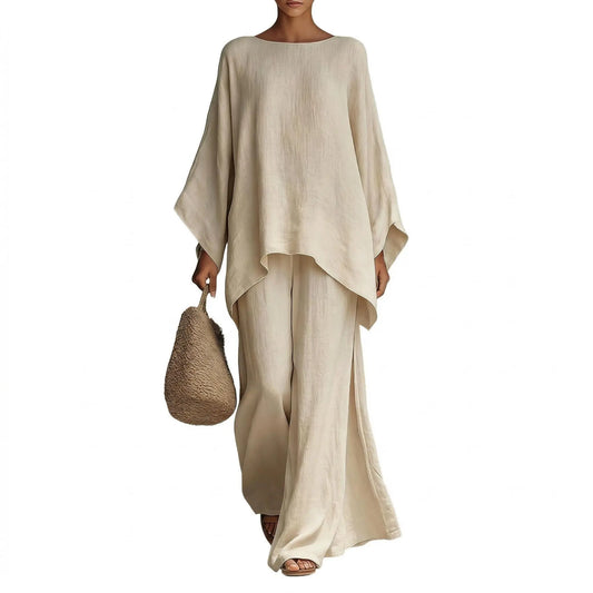 Boho Two Piece Set - Perfect for Beach, Vacation & Brunch! Oversized Batwing Sleeve Top Wide Leg Pants Set TwoPieceSet  LinenSet  WideLegPants BatwingSleeve  SummerOutfit BohoFashion  CasualWear  Outfit of the Day  WomensFashion - Seldom Seen Styles