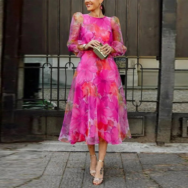 Floral Midi Dress with Sheer Long Sleeves - Seldom Seen Styles