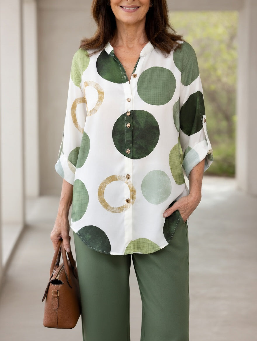 Women's Green 2-Piece Outfit Set Abstract Circle Print Button-Front Blouse Wide-Leg Pants Matching Set Elegant Casual Summer Coord Set for Women - Seldom Seen Styles