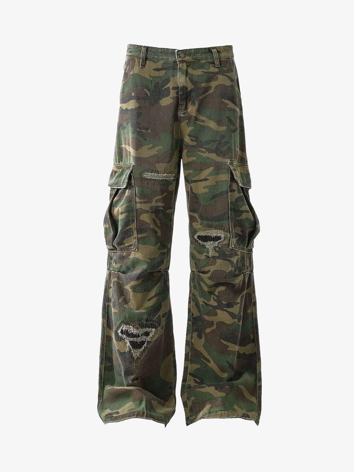 Ripped Camouflage Flared Cargo Pants - 2410 