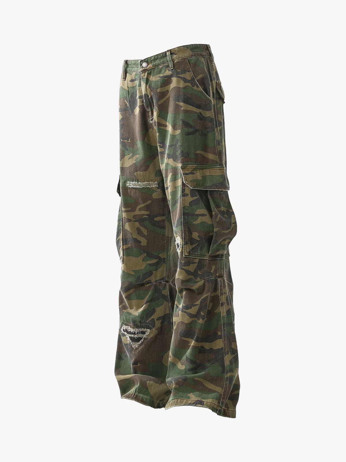 Ripped Camouflage Flared Cargo Pants - 2410 