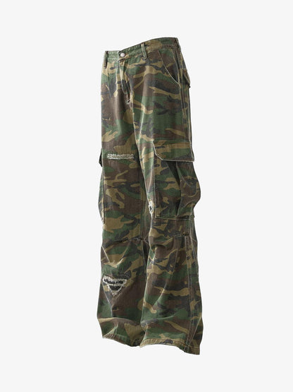 Ripped Camouflage Flared Cargo Pants - 2410 