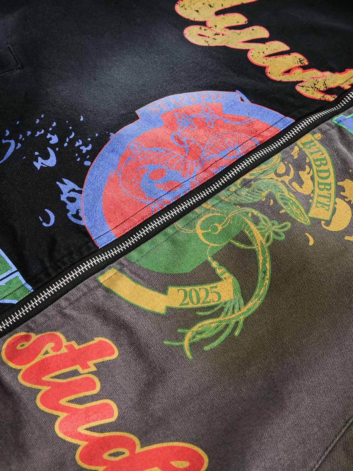 Contrast Color Spliced Graffiti Zip Up Jacket 