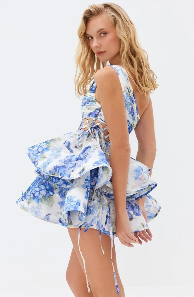 Women's Floral One Shoulder Mini Dress Ruffle Chiffon Party Dress