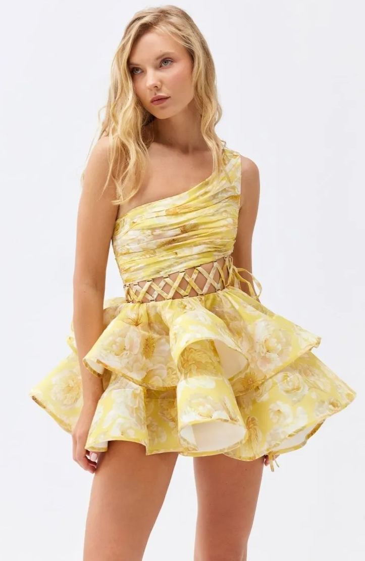 Women's Floral One Shoulder Mini Dress Ruffle Chiffon Party Dress