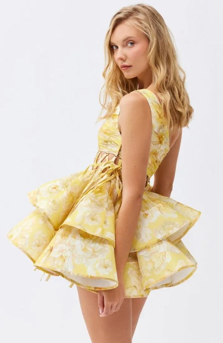 Women's Floral One Shoulder Mini Dress Ruffle Chiffon Party Dress
