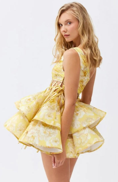 Women's Floral One Shoulder Mini Dress Ruffle Chiffon Party Dress