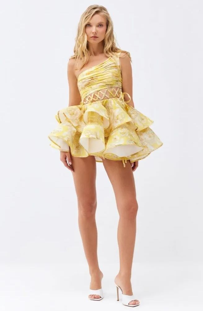 Women's Floral One Shoulder Mini Dress Ruffle Chiffon Party Dress