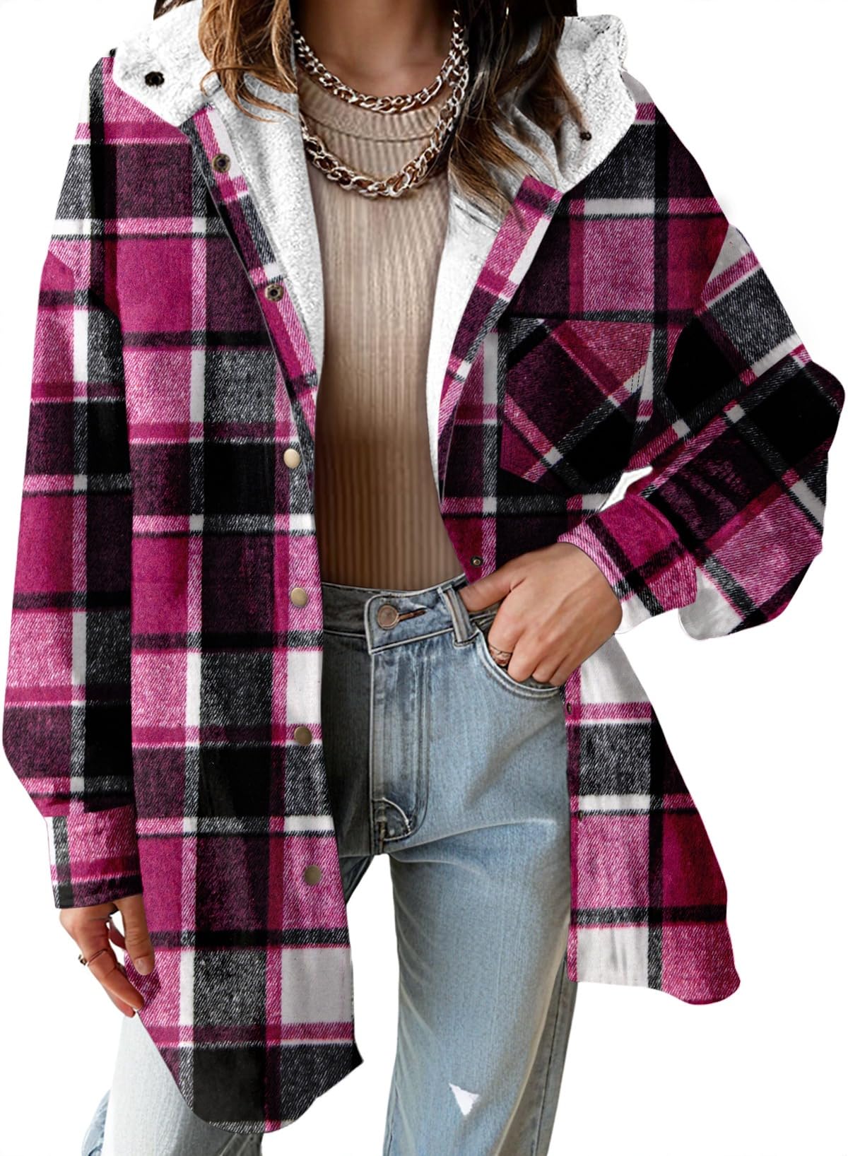 Women's Flannel Hooded Plaid Fuzzy Fleece Jacket Willluxe Store