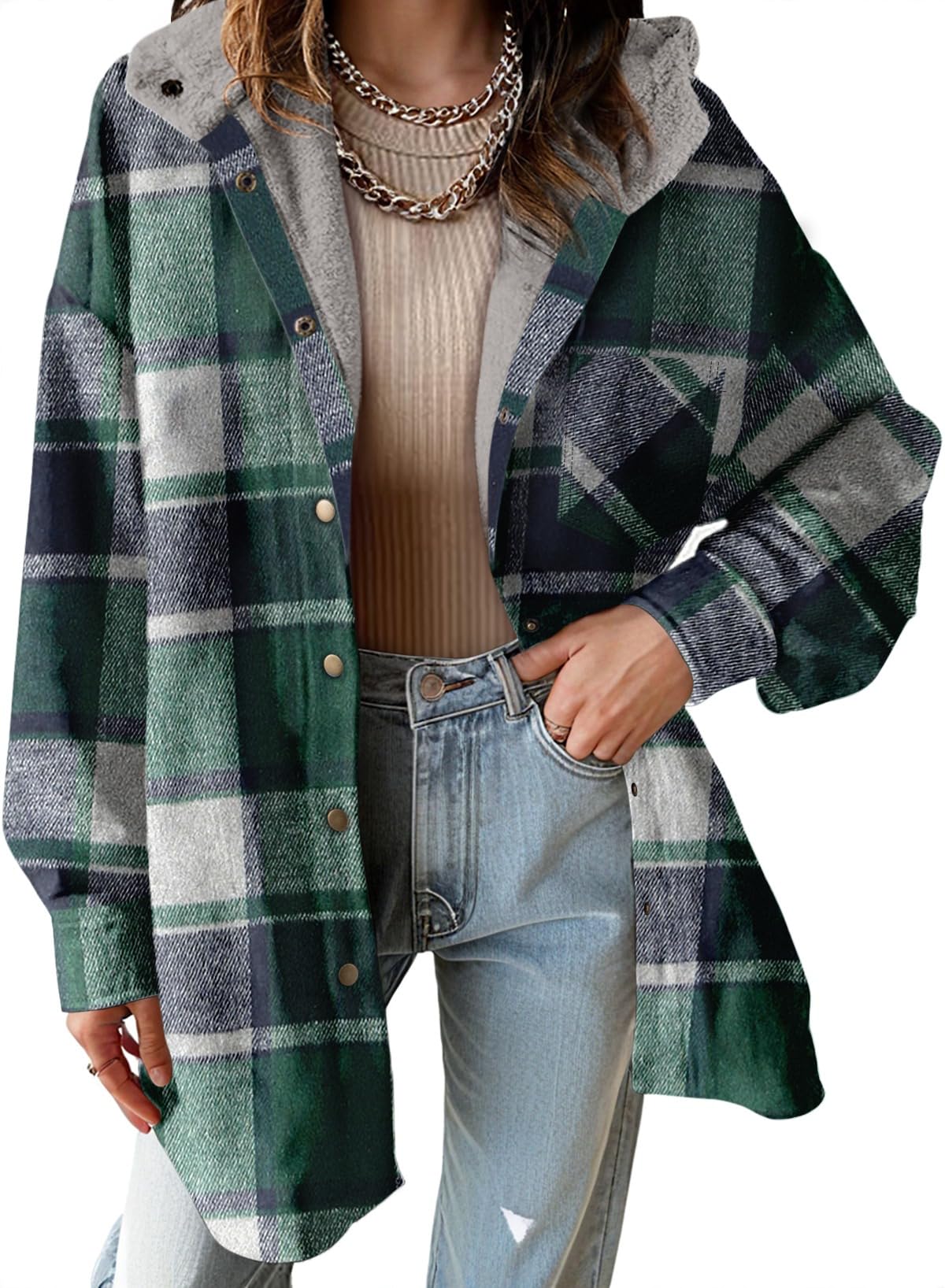 Women's Flannel Hooded Plaid Fuzzy Fleece Jacket Willluxe Store