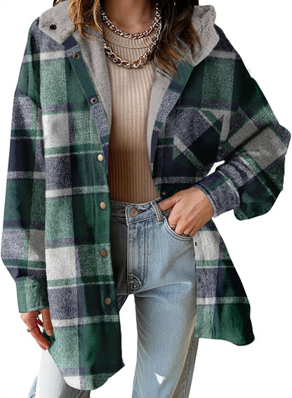 Women's Flannel Hooded Plaid Fuzzy Fleece Jacket