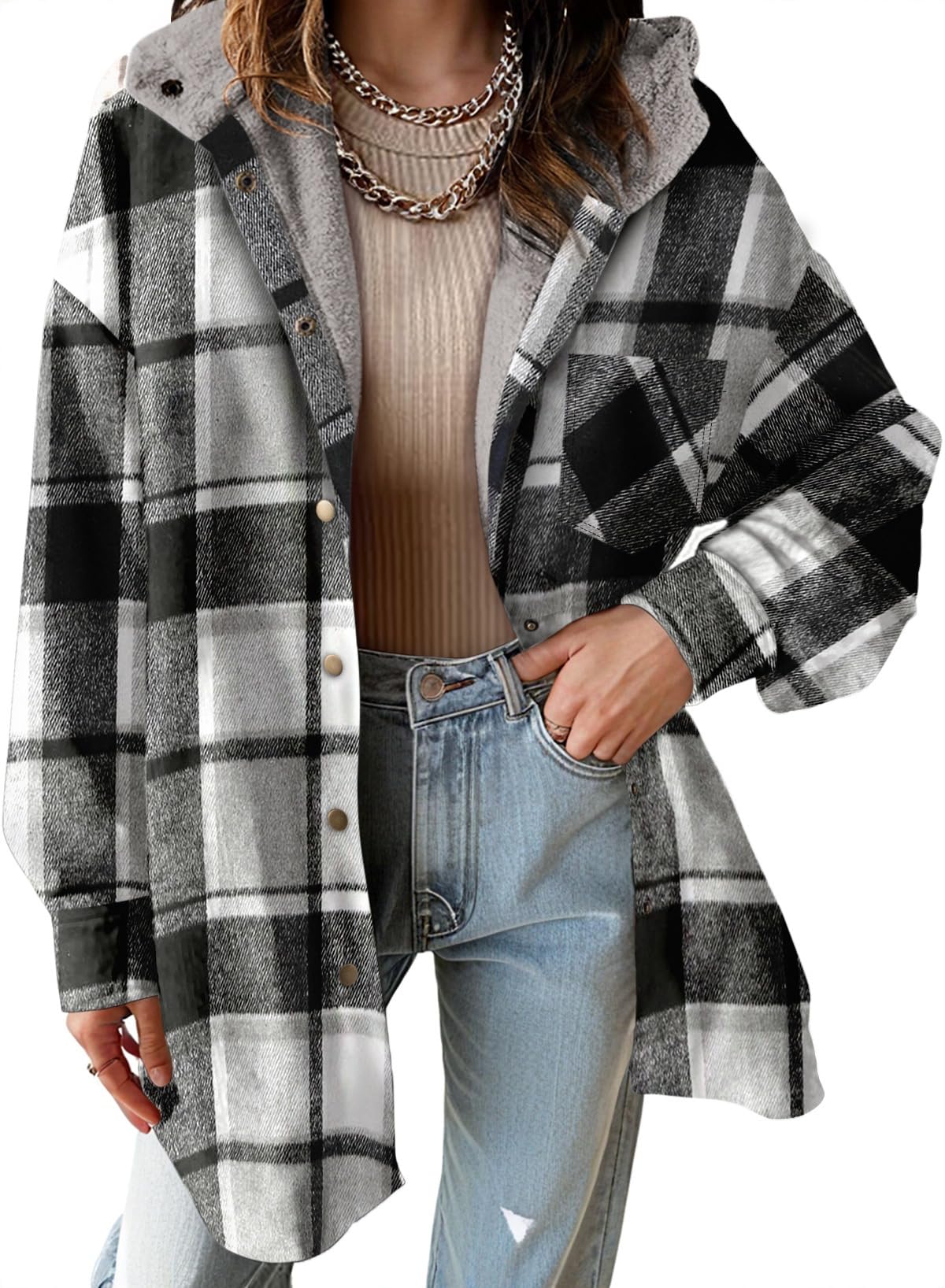 Women's Flannel Hooded Plaid Fuzzy Fleece Jacket - Seldom Seen Styles
